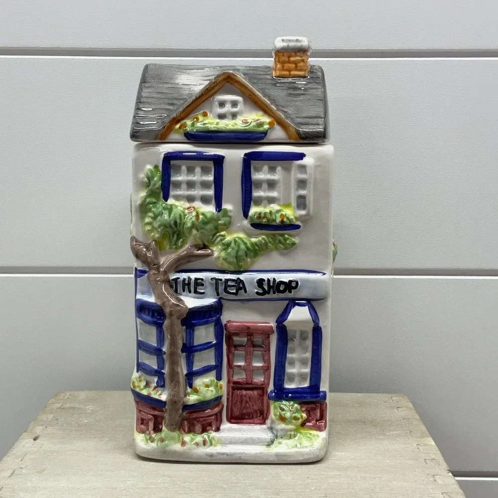 The Tea Shop Ceramic House Canister Hand Painted Cottage Tea Jar White Blue 7in